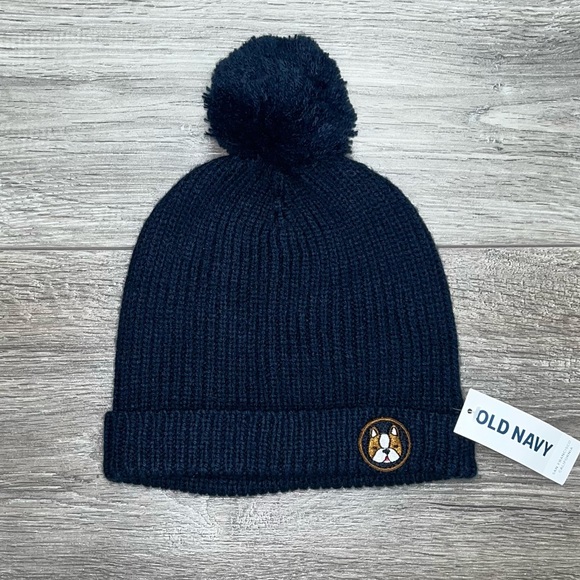 NWT Old Navy Pom Winter Hat 18-24 Months Navy Blue | French Bulldog Emblem Hat - Picture 4 of 8